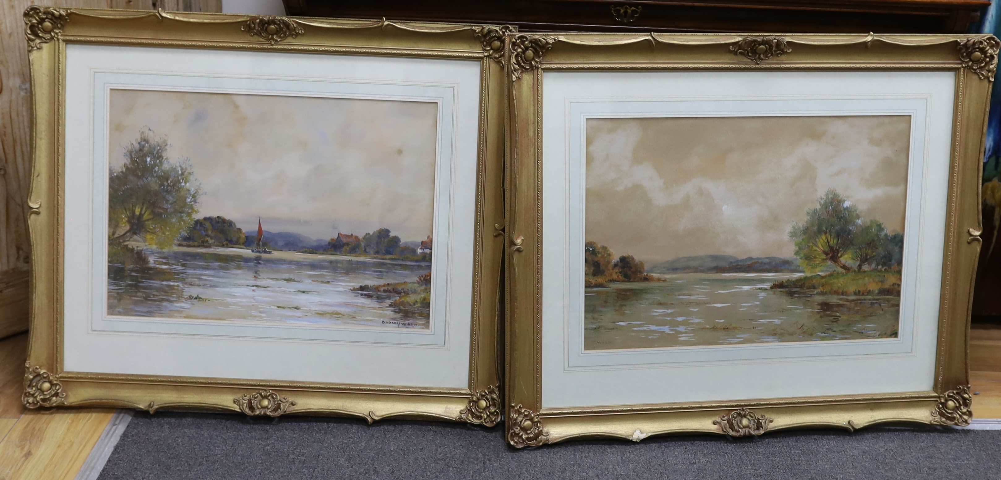 Dudley Ward (19/20th. C), pair of heightened watercolours, River landscapes, each signed, 34 x 48cm, gilt framed